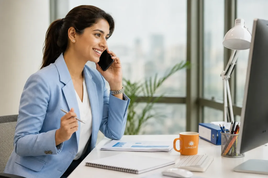 Professional speaking with Luminedge Advisory in a modern office